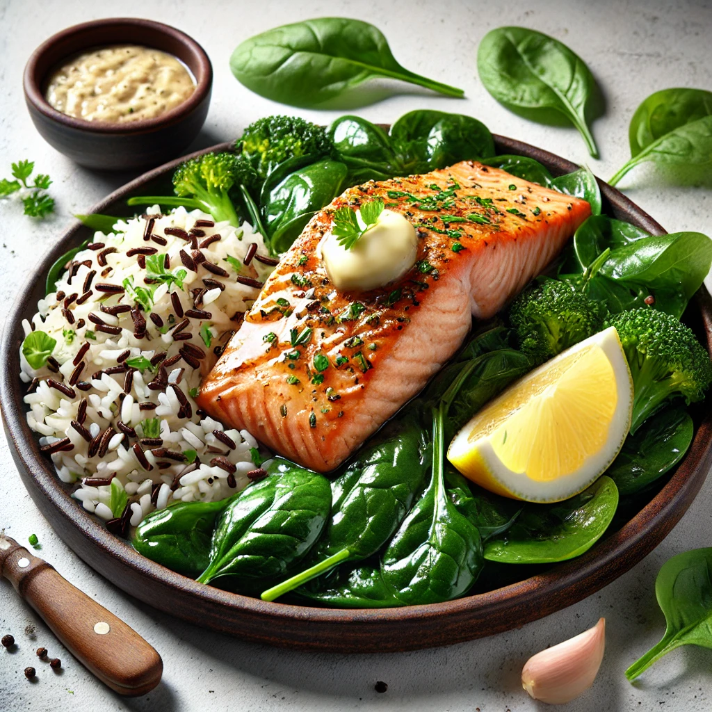 Garlic Butter Salmon glazed with garlic butter, placed on wild rice and accompanied by fresh spinach.