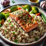 Close-up view of Garlic Herb Salmon with Brown Rice highlighting the salmon's texture and rice grains.