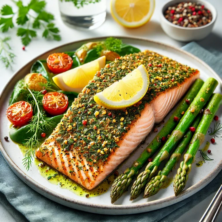 Close-up of gluten-free salmon with herb crust, lemon wedges, and roasted asparagus and tomatoes on a white plate.