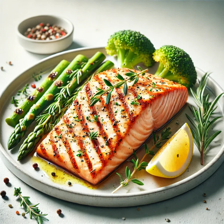 Grilled Paleo salmon fillets with a golden crust, garnished with rosemary, thyme, and lemon wedges, served with broccoli and asparagus.