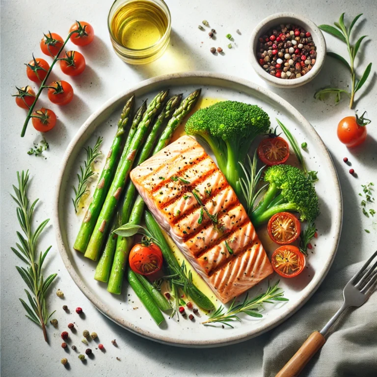 Grilled Paleo salmon with a golden crust, garnished with rosemary and thyme, served with broccoli, asparagus, and cherry tomatoes.