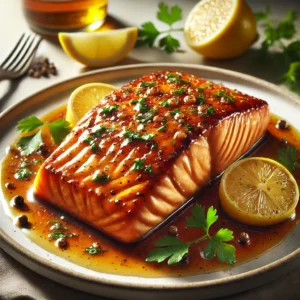 Close-up of Maple Dijon Baked Salmon served on a white plate with lemon wedges and herbs.