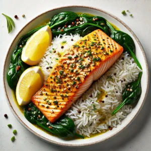 Mustard Herb Salmon coated in sauce, placed on basmati rice and accompanied by fresh spinach.