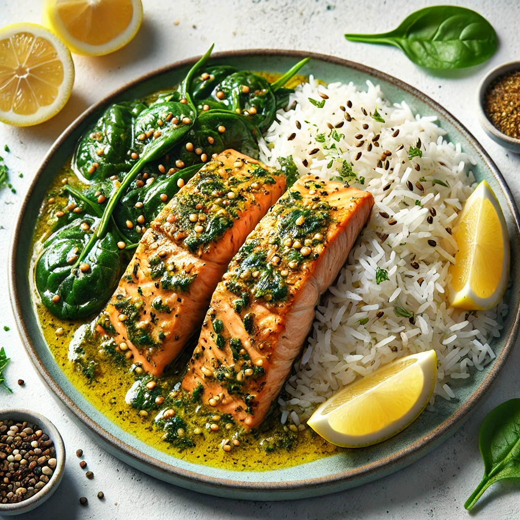 Mustard Herb Salmon glazed with mustard sauce, served on basmati rice with spinach and lemon.