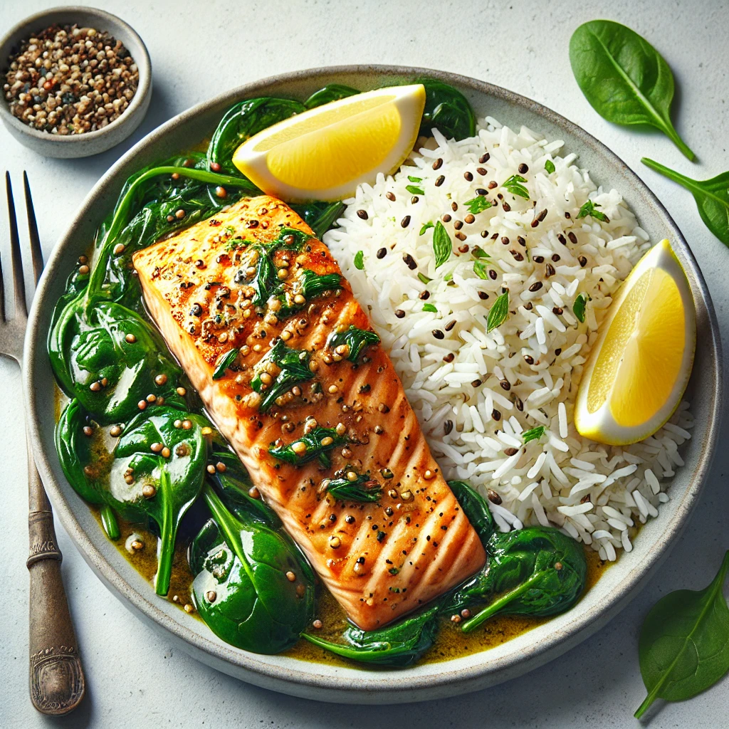 Mustard Herb Salmon on basmati rice, garnished with spinach and lemon on a plain white background.