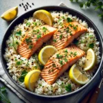 Very close-up view of a one-pot salmon and rice dish highlighting textures and colors.