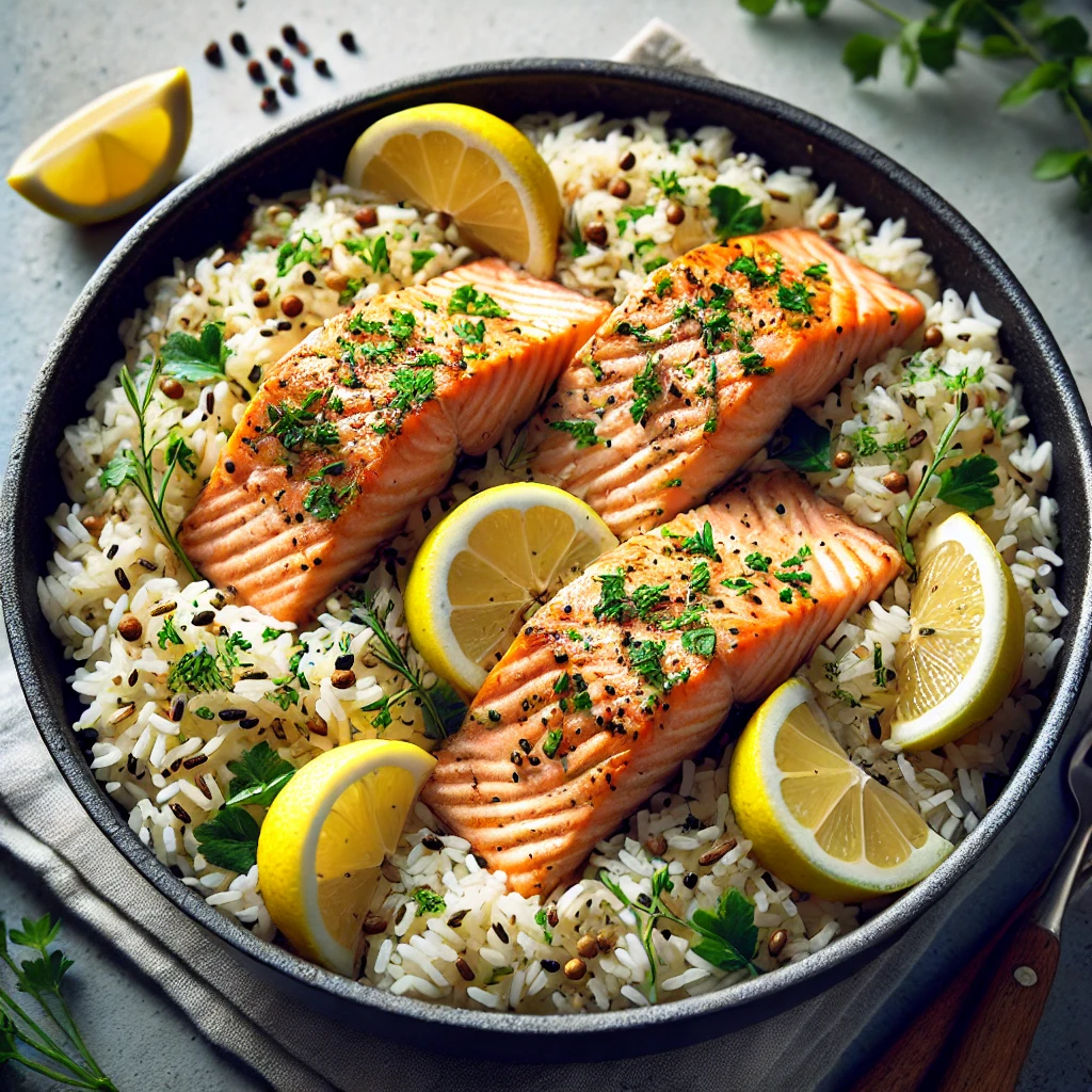 Very close-up view of a one-pot salmon and rice dish highlighting textures and colors.