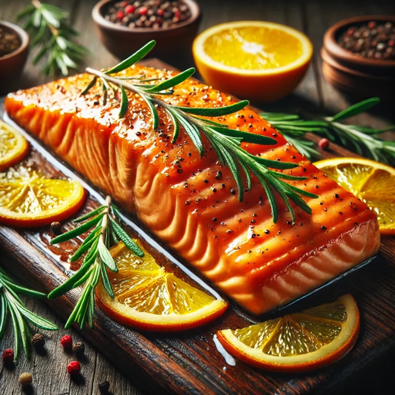 Close-up of Orange Rosemary Baked Salmon on a rustic wooden table, garnished with rosemary and orange slices.