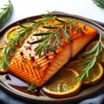Close-up of Orange Rosemary Baked Salmon on a decorative plate with fresh herbs and orange garnishes.