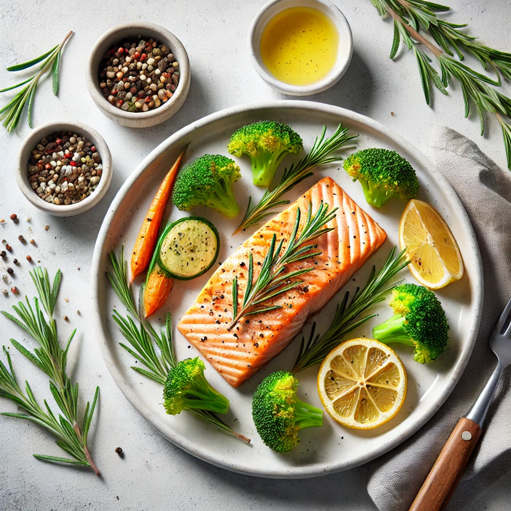 Golden-brown baked Paleo salmon garnished with rosemary, lemon slices, broccoli, and carrots on a white plate.