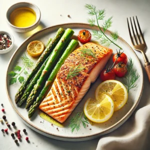 Crispy pan-seared Paleo salmon garnished with fresh dill and lemon, served with roasted asparagus and cherry tomatoes on a white plate.