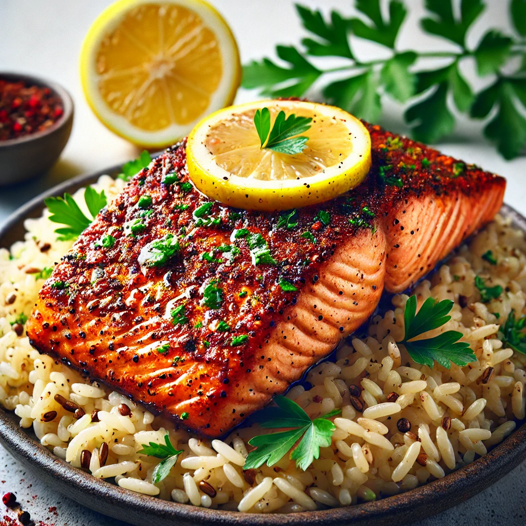 Paprika Lemon Salmon glazed with paprika sauce, placed on brown rice with fresh parsley and lemon slices.