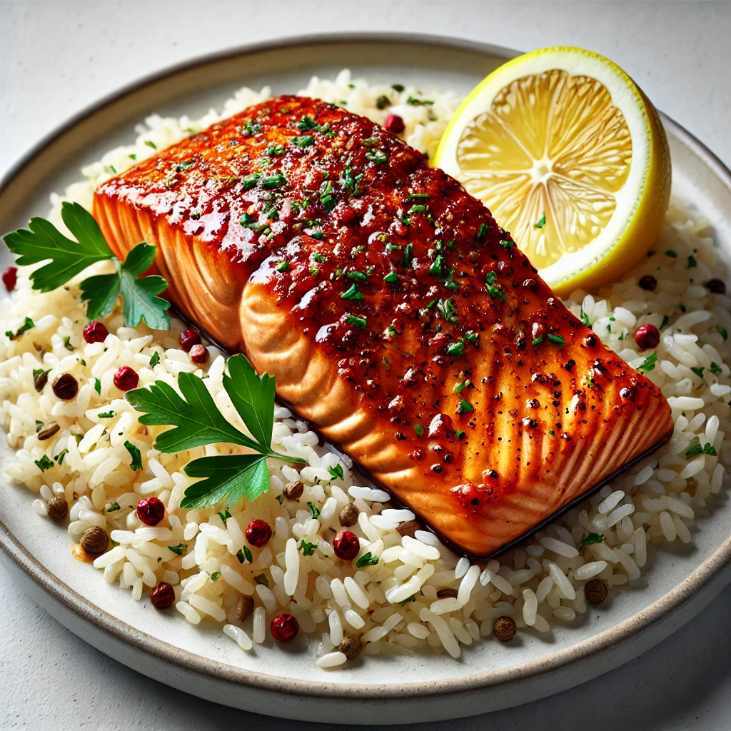 Paprika Lemon Salmon on brown rice, garnished with parsley and lemon on a plain white background.