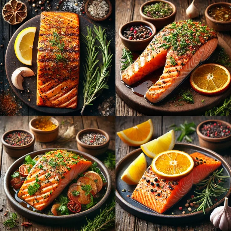 Close-up of Smoky Paprika Garlic Grilled Salmon on a white plate, garnished with herbs