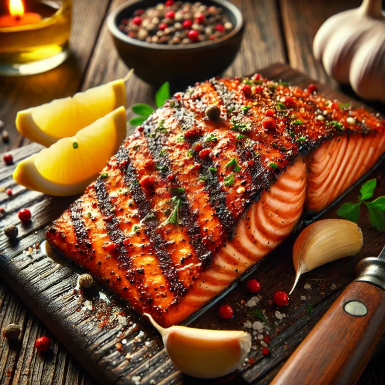 Close-up of Smoky Paprika Garlic Grilled Salmon on a rustic wooden table with a cozy dining setup.