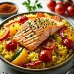 Spanish-Style Salmon Arroz highlighting the salmon and rice textures.