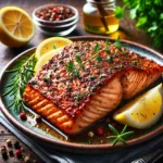 Close-up of Spicy Cajun Baked Salmon on a rustic wooden table with fresh herbs and lemon slices.