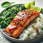 Teriyaki Salmon on coconut rice, garnished with spinach and lime on a plain white background.