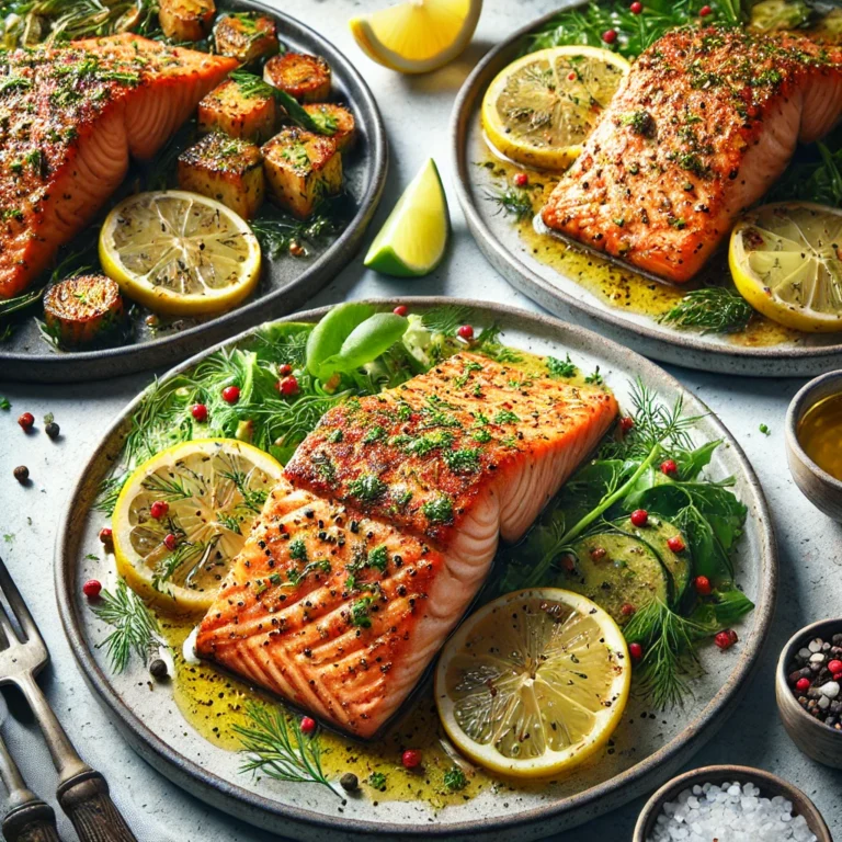 Close-up of three gluten-free salmon dishes: baked with herbs, pan-seared with lemon dill, and grilled with honey lime glaze